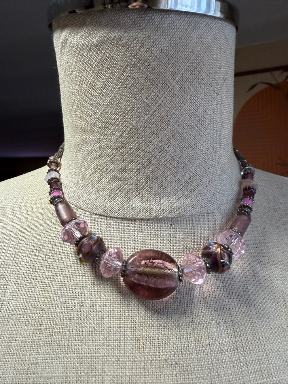 Vintage Artisan Murano Style Glass Bead Necklace โ Plum & Pink with Toggle Clasp